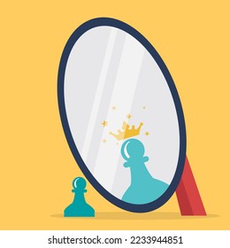 vector concept of chess reflection in a mirror. pawn dreams to be a crowned king. business strategy for success illustration. chess pawn crowned as king in mirror reflection. eps10 illustration