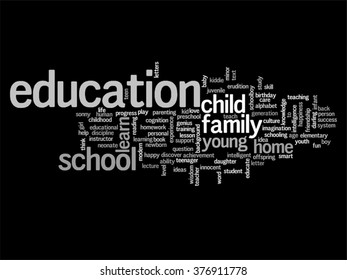 Vector concept child education or family abstract word cloud isolated on background to child, family, school, life, learn, knowledge, home, study, teach, educational, achievement, childhood or teen