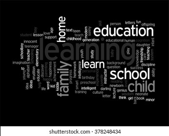 Vector concept child education family abstract word cloud isolated on background metaphor to child, family, school, life, learn, knowledge, home, study, teach, educational, achievement, childhood teen
