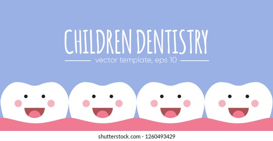 Vector concept for children dentistry. Tooth emblem and copy text space.  Teeth cleaning. Dental care logo. Card, label, visit card, banner design template.