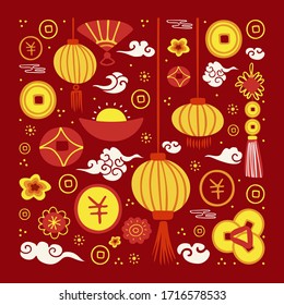 Vector concept chinese new year and red chinese envelope. Hand drawing lanterns, clouds, coins and other traditional elements. Chinese festival illustration.