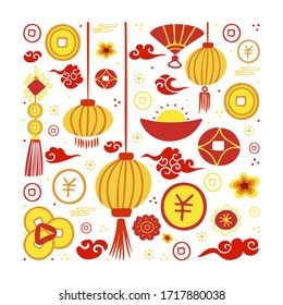 Vector concept chinese new year and red chinese envelope. Hand drawing lanterns, clouds, coins and other traditional elements. Chinese festival illustration.