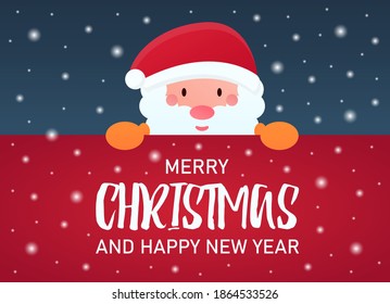 Vector concept of Christmas banner, background. Joyful Santa Claus holds a red background that says Merry Christmas and a Happy New Year. Christmas theme and New Year's greetings.