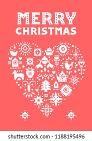 Vector concept of Christmas card. White heart made of festive symbols on a red background.