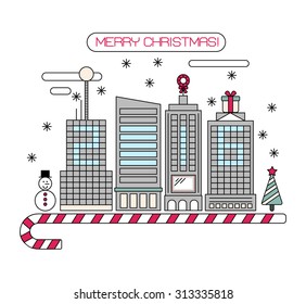 Vector concept Christmas city isolated on white background. New Year 2016. Thin line flat design. 