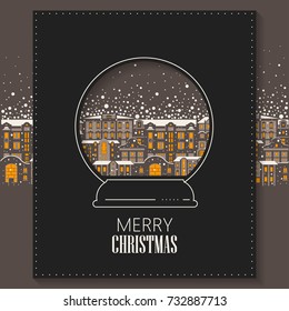 Vector concept of Christmas greeting card cut out of paper. Ancient night  city during a snowfall inside the snow globe.