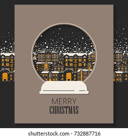 Vector concept of Christmas greeting card cut out of paper. Ancient night city during a snowfall inside the snow globe.