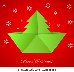 Vector concept of the Christmas tree and origami boat. Eps 10