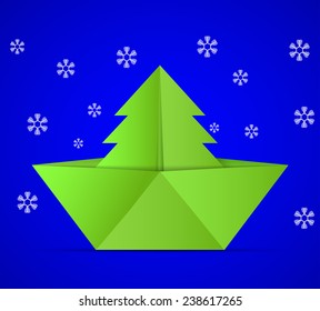 Vector concept of the Christmas tree and origami boat. Eps 10