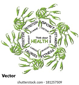 Concepto vectorial círculo salud nube de palabras de hojas verdes huellas de la mano del niño sobre metáfora de fondo blanco a la salud, nutrición, dieta, bienestar, cuerpo, energía, fitness, gimnasia, medicina, deporte, corazón, ciencia