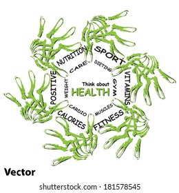 Vector concept  circle health word cloud of green leaf child hand prints on white background metaphor to health, nutrition, diet, wellness, body, energy, fitness, gym, medicine, sport, heart, science
