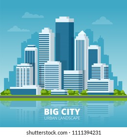 Vector concept city and suburban life. City street, large modern buildings, cityscape, cars. Urban landscape.