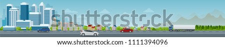 Vector concept city and suburban life. City street, large modern buildings, cityscape, cars. Urban landscape.