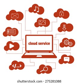 Vector concept. Cloud service. Open the laptop and various icons in the clouds around.