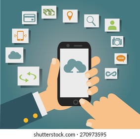 Vector concept of cloud services on mobile phone such as storage, computing, search, photo album, data exchange. With colorful icons or web buttons around mobile device.