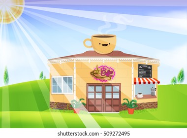 Vector concept Coffee Shop on a sun-drenched meadow