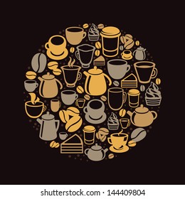 Vector concept with coffee and tea icons - cups, mugs, pots in flat retro style