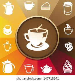 Vector concept with coffee and tea icons - cups, mugs, pots