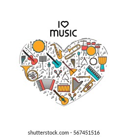 Vector concept with colorful music instruments icon set in heart shape. Thin line illustration. Sound silhouette isolated. Pictogram sign. Guitar harp violin bass drum piano saxophone note elements