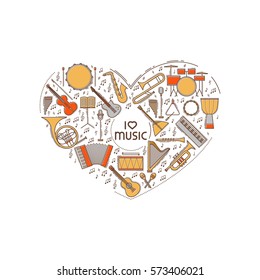 Vector concept with colorful music instruments icon set in heart shape. Thin line illustration. Sound silhouette isolated. Pictogram sign. Guitar harp violin bass drum piano saxophone note elements.