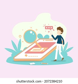 Diseño de comunicación de concepto vectorial, mensaje de joven enviado al smartphone, fondo de decoración de hojas.