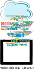 Vector concept communicator with social network word cloud with tablet pc vector illustration