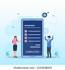 Concepto vectorial completado. El equipo de negocios anima con la marca de verificación de tarea completada
