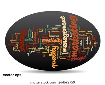 Vector concept or conceptual 3D oval or ellipse abstract word cloud on black background, metaphor for business, trend, media, focus, market, value, product, advertising, customer, corporate wordcloud