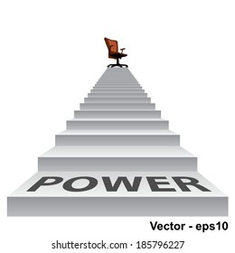 Vector concept conceptual 3d power stair climbing to a leader,chief or promotion chair on top isolated white background