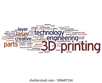 Vector concept or conceptual 3D printing creative laser technology abstract word cloud isolated on background metaphor to engineering, realistic, applications, equipment, future, modeling or synthetic