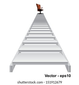 Vector concept conceptual 3d stair climbing to a leader,chief or promotion chair on top isolated on white background,metaphor to career,business,success,achievement,winner,goal,step or victory