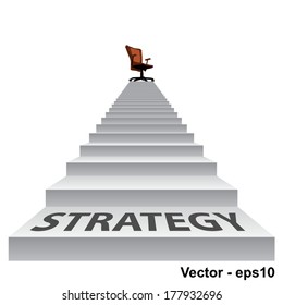 Vector concept conceptual 3d stair climbing to a leader, chief or promotion chair on top isolated white background, metaphor to career, business, success, achievement, winner, goal, step or victory