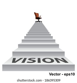 Vector concept conceptual 3d stair climbing to a leader, chief or promotion chair on top isolated white background, metaphor to career, business, success, achievement, winner, goal, step or victory