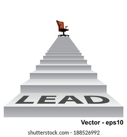 Vector concept conceptual 3d stair climbing to a leader, chief or promotion chair on top isolated white background, metaphor to career, business, success, achievement, winner, goal, step or victory