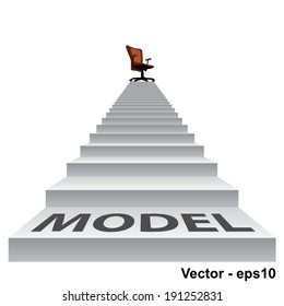 Vector concept conceptual 3d stair climbing to a leader, chief or promotion chair on top isolated white background, metaphor to career, business, success, achievement, winner, goal, step or victory
