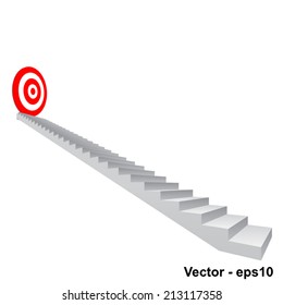 Vector concept conceptual 3d stair climbing to leader, chief, promotion on top red target isolated on white background, for career, business, success, achievement, winner, goal, step, rise or victory