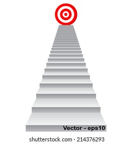 Vector concept conceptual 3d stair climbing to leader, chief, promotion on top red target isolated on white background, for career, business, success, achievement, winner, goal, step, rise or victory