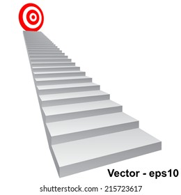 Vector concept conceptual 3d stair climbing to leader, chief, promotion on top red target isolated on white background, for career, business, success, achievement, winner, goal, step, rise or victory