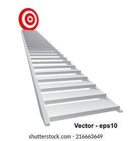 Vector concept conceptual 3d stair climbing to leader, chief, promotion on top red target isolated on white background, for career, business, success, achievement, winner, goal, step, rise or victory