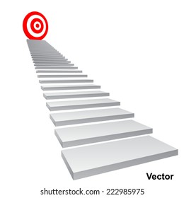 Vector concept conceptual 3d stair climbing to leader, chief, promotion on top red target isolated on white background, for career, business, success, achievement, winner, goal, step, rise or victory