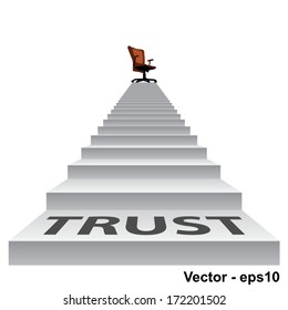 Vector concept conceptual 3d trust stair climbing to a leader,chief or promotion chair on top isolated white background