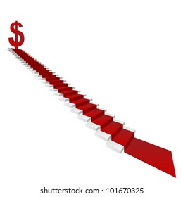 Vector concept or conceptual 3D white stair and red carpet with a dollar sign or symbol  isolated on white background, for business,progress,growth,career,success,development,money or vision designs