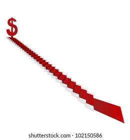 Vector concept or conceptual 3D white stair and red carpet with a dollar sign or symbol  isolated on white background, for business,progress,growth,career,success,development,money or vision designs