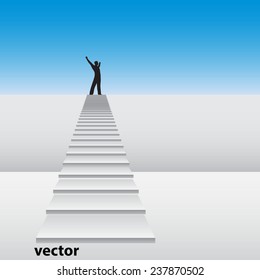 Vector concept or conceptual 3D white stair climbing a wall with a business happy winner man over sky background, metaphor to success, career, work, progress, rise, achievement, ambition, growth goal