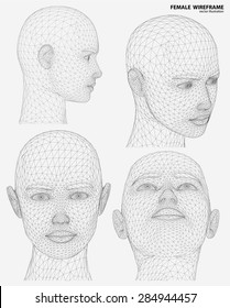 Vector concept or conceptual 3D wire frame human female head isolated on white background