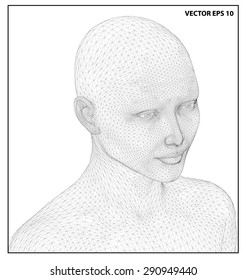 Vector concept or conceptual 3D wire frame human female head isolated on white background