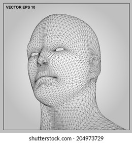 Vector concept or conceptual 3D wireframe human male or man head isolated on gray background 