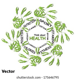 Vector concept or conceptual abstract circle health word cloud, green leaf child hand prints isolated white background, metaphor to medical, diet, sport, shape, silhouette, food, lifestyle or medicine