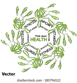 Vector concept or conceptual abstract circle health word cloud, green leaf child hand prints isolated white background, metaphor to medical, diet, sport, shape, silhouette, food, lifestyle or medicine