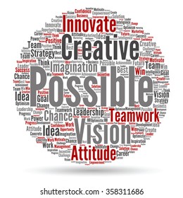 Vector concept or conceptual abstract creative business word cloud on white background, metaphor to teamwork, innovation, possible, creativity, leadership, management, successful, corporate, strategy